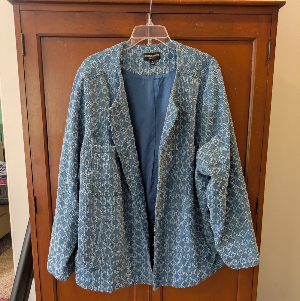 Blue and White Denim Textured Kimono Jacket